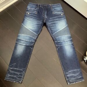 Balmain Men's Dark Blue Biker Moto Ribbed Japanese Denim Jeans, Size 33